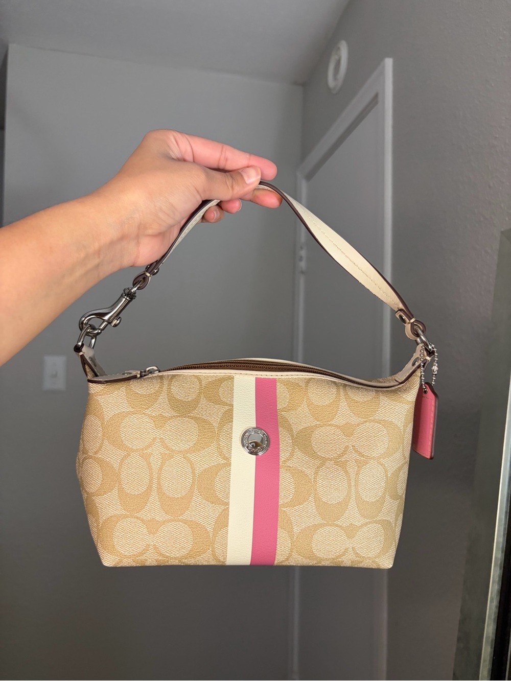 Coach Signature Canvas Stripe Mini Shoulder Bag in Tan and Pink